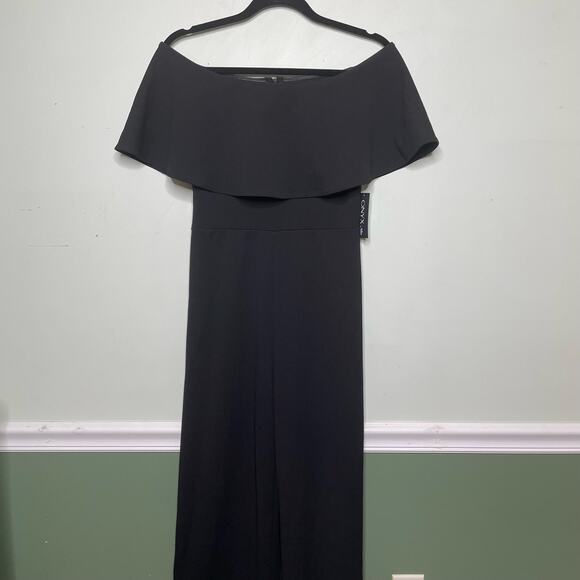 Onyx Nite Off Shoulder Jumpsuit Draped Bodice Wide Leg Back Zip Black 4 NWT - Picture 2 of 13